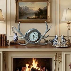 Governer's Time House Antler Mantel Clock Silver Metal Quartz Lodge Decor India